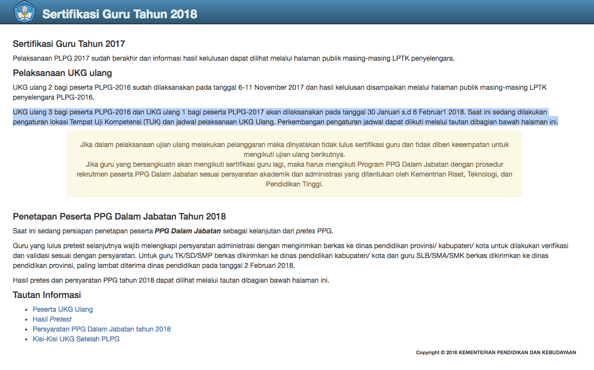 Informasi Pelaksanaan UTN Ulang Peserta PLPG 2016 dan 2017